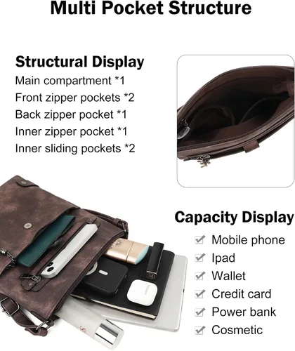 Vista 6 de FADEON Bolsos cruzados para mujer y bolso de mano para laptop, colección marrón