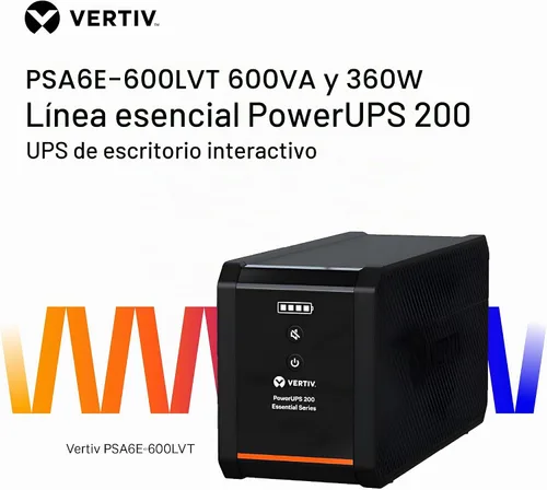 Vista 2 de Vertiv PSA6E-600LVT 600VA y 360W PowerUPS 200 Essential 120V Line Interactive Desktop UPS
