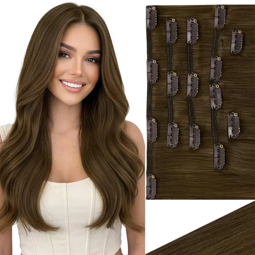 Vista 24 de Ve Sunny Extensiones de cabello clip-in de cabello humano real con reflejos, extensiones de cabello con clip para cabello corto, marrón oscuro