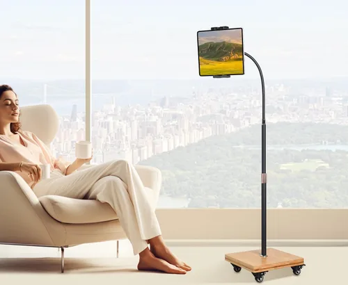 Vista 8 de wishacc Soporte de Piso para Tableta para Cama - Soporte de Tableta con Cuello de Cisne con Altura Ajustable y 4 Ruedas, Compatible con iPad mini