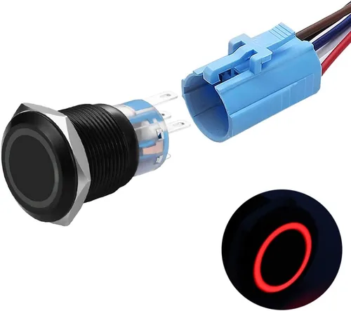 Vista 8 de Interruptor de botón de enclavamiento de 0.748 pulgadas, interruptor SPDT de encendido/apagado, impermeable, de metal negro, anillo LED de 12V