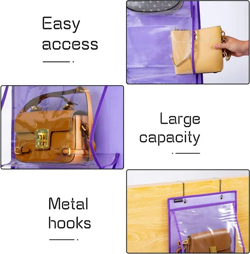 Vista 6 de Organizador de bolsos para colgar sobre la puerta con 5 bolsillos de fácil acceso, organizador de almacenamiento para toallas, bufandas, paraguas