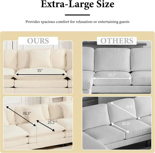 Vista 4 de Sofá seccional modular beige de 117.3", sofás seccionales grandes de 3 plazas para sala de estar, sofá nube oversized de tela chenille con otomana
