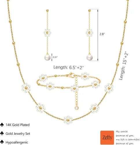 Vista 7 de Zeffy Collar de perlas de oro para mujer, delicado chapado en oro de 14 quilates, gargantilla de perlas en capas, aretes de perlas, pulseras