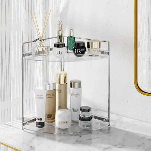 Vista 5 de Organizador de maquillaje de esquina de 2 niveles para tocador, organizador de encimera de baño acrílico, organizador de bandeja de perfume