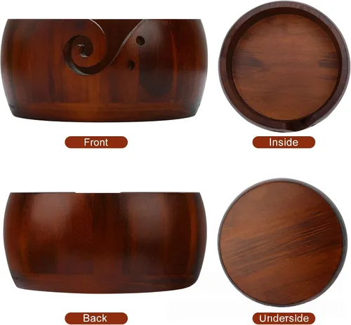 Vista 3 de Joyeee Cuenco de hilo de madera, soporte de hilo para ganchillo, soporte de accesorios para tazón de ganchillo con agujeros hecho a mano para evitar