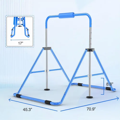 Vista 5 de Safly Fun Foldable Gymnastics Bar for Kids, Adjustable 35"-51", Sturdy 145 lbs Capacity, Easy-to-Assemble, Gymnastics Equipment for Kids for Azul