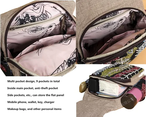 Vista 95 de HUANGGUOSHU Mochila de algodón tejida de algodón bohemio con bordado de lona estilo bohemio con múltiples bolsillos retro linda mochila cartera