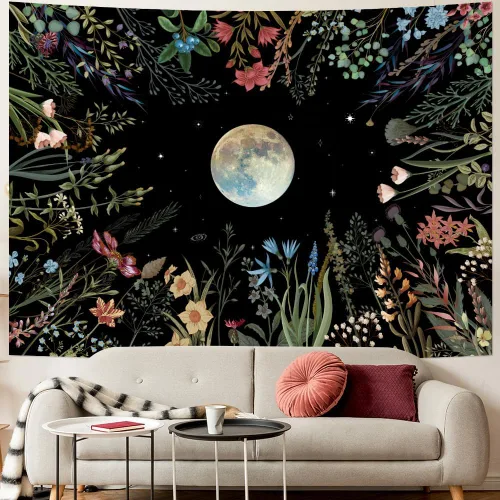 Vista 2 de Amhokhui Tapiz de jardín iluminado por la luna, tapiz bohemio de luna, tapiz floral de flores, tapices de plantas coloridas, tapices negros