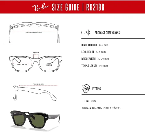 Vista 6 de Ray-Ban State Street RB2186 - Lentes de sol cuadrados para hombre y mujer + paquete con kit de gafas de diseñador iWear