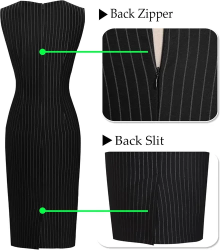 Vista 5 de VFSHOW Vestido de tubo plisado con cuello redondo para mujer, sin mangas, lazo en la cintura, cinturón, ajustado, para el trabajo, la oficina