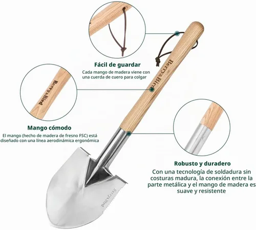 Vista 5 de Berry&Bird Pala de mano corta, paleta de excavación de 19.8 pulgadas para jardinería con mango de madera, pala de punta redonda de acero inoxidable