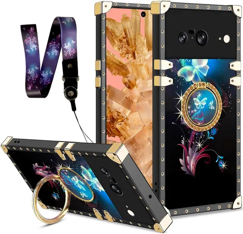 Vista 59 de nancheng Funda para Google Pixel 6 de lujo, diseño de abeja, corazón y abeja, chapado en oro, con anillo de diamante de 360°, correa de cordón