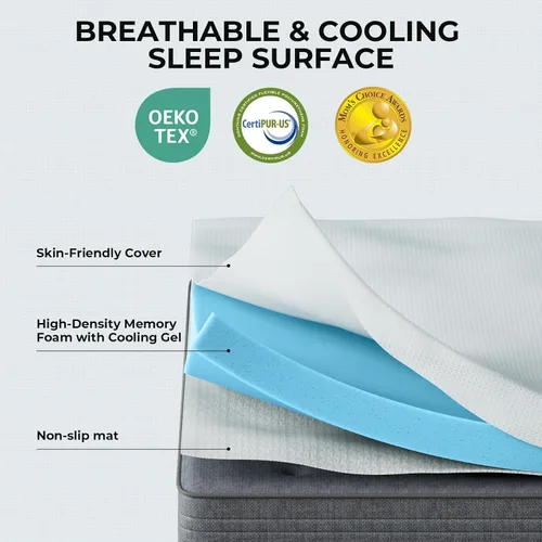 Vista 2 de OhGeni Cubrecolchón de espuma viscoelástica individual XL de 2 pulgadas con funda, funda de cama suave con base antideslizante, mejorado con gel