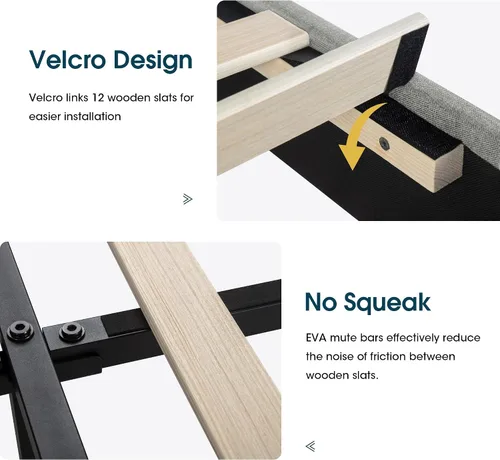 Vista 7 de WEEWAY Base de cama tapizada tamaño Queen con cabecera copetuda con respaldo de alas, plataforma moderna con soporte de listones de madera, fácil