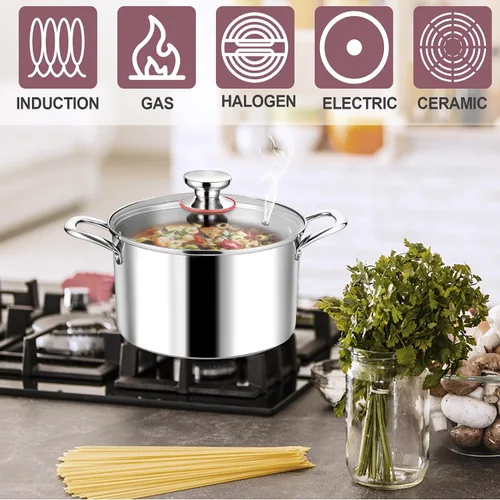 Vista 5 de LIANYU Olla de acero inoxidable 18/10 de 6 cuartos con tapa, olla de cocción de sopa resistente de tres capas, olla de cocción de pasta, olla