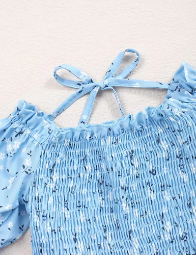 Vista 5 de Vestido de niña pequeña, cuello cuadrado, manga abombada, acampanado, vestidos florales de verano para niñas pequeñas, 2-6T