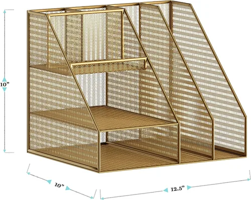 Vista 6 de Martha Stewart Ryder - Organizador de escritorio grande de metal de malla dorada con soporte para archivador de revista, soporte para bolígrafos