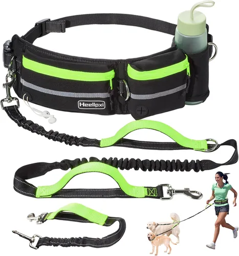Vista 11 de Correa de cintura manos libres con bolsa para dos perros, costuras reflectantes, doble asa y diseño retráctil elástico, ideal para perros medianos a