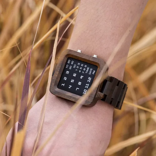 Vista 8 de BOBO BIRD Reloj digital para hombre, diseño de marca de lujo, visión nocturna, ébano, reloj de madera, reloj único con pantalla LED, Digital