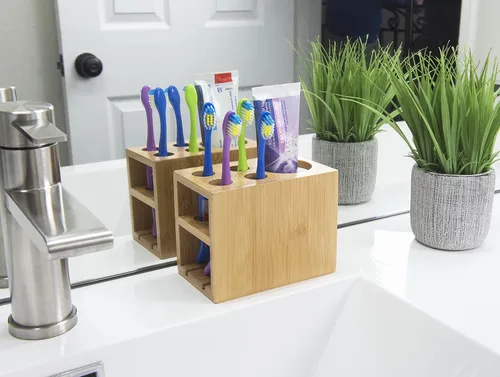Vista 3 de Bamboo Naturals Soporte para cepillos de dientes, almacena 4 cepillos de dientes y 1 pasta de dientes, hecho de bambú 100% sostenible, elegante