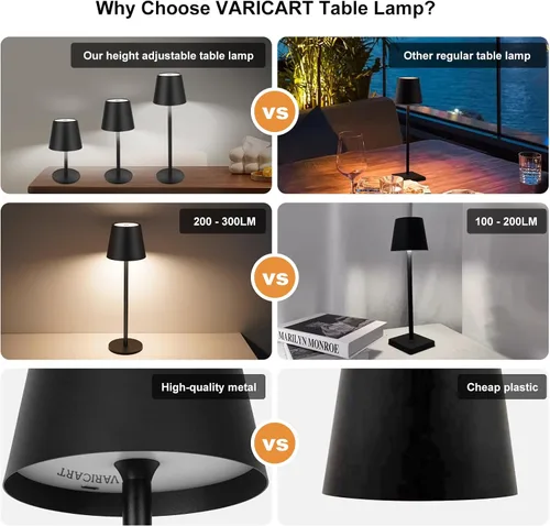 Vista 8 de Lámpara de mesa inalámbrica de metal, lámpara de batería recargable de 5000 mAh con 3 secciones de altura ajustable (8.8 a 20 pulgadas), control