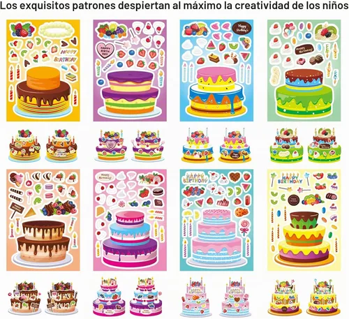 Vista 4 de Make-a-Birthday Cake Sticker para niños, haz tu propio pastel de cumpleaños 24 PCS Birthday Stickers with Fruit Candy Candle, Happy Birthday