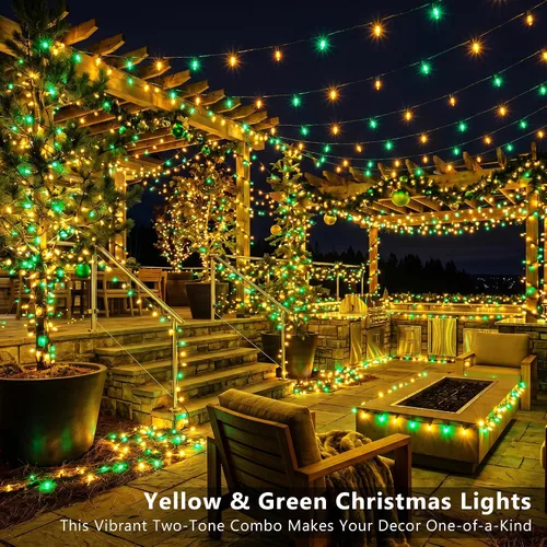 Vista 2 de ODEETRONIC Luces de Navidad amarillas y verdes, 21.63 pies, 100 unidades, luces incandescentes, conectables, con certificación UL, enchufable, luz