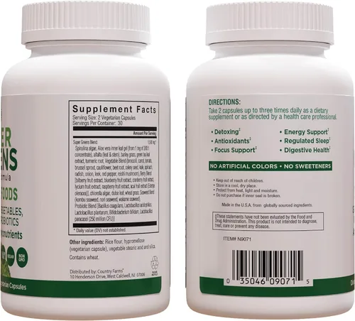 Vista 7 de COUNTRY FARMS Super Greens Vegicaps, 32 súper alimentos, suplemento de alimentos integrales, verduras, frutas, vegetales, hongos y probióticos, rico