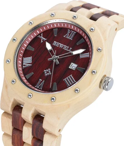 Vista 2 de Bewell Relojes de madera para hombre, reloj de pulsera luminoso de cuarzo analógico hecho a mano