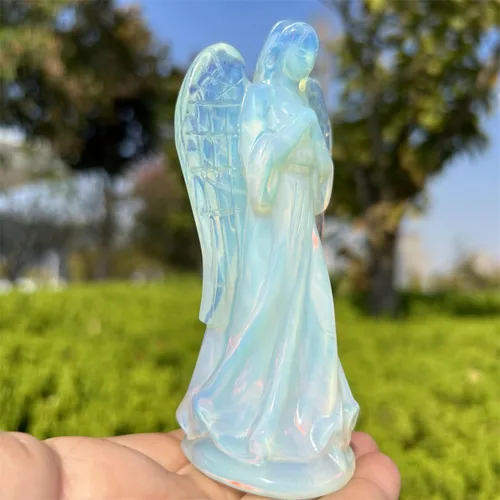 Vista 6 de Estatua de ángel de cristal tallada de 4 pulgadas con piedra lunar opalita, bolsillo de paz, guardián curativo, estatua de ángel de cristal