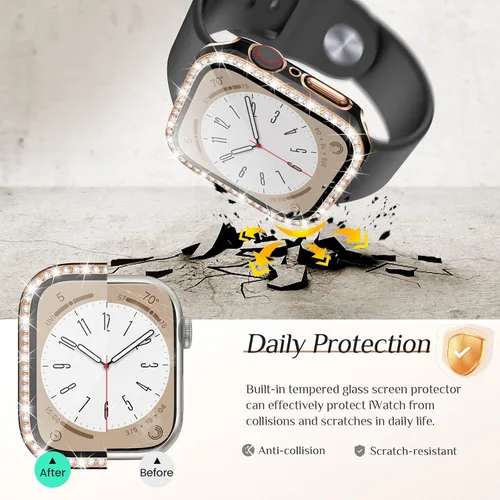 Vista 5 de Goton - Pack de 2 Fundas Bling para Apple Watch con Protector de Pantalla 40mm SE 3/2/1, Series 6/5/4, Funda con Purpurina para Mujer con Diamantes