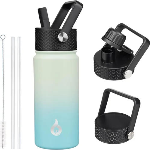 Vista 93 de BJPKPK Botellas de Agua Aisladas con Tapa de Pajita, Botella de Agua de Acero Inoxidable de 18oz, Termo Frío Caliente con 3 Tapas, Vaso de Viaje a