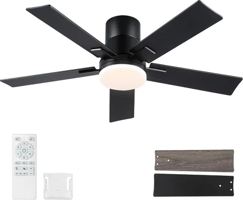 Vista 24 de Ventiladores de techo de 42 pulgadas con luces y control remoto, ventilador de techo negro con 5 aspas, motor DC reversible de 6 velocidades, LED