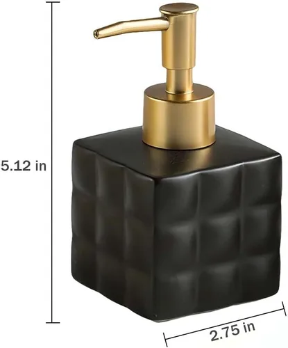 Vista 8 de Dispensador de jabón negro y dorado, acabado mate de cerámica, diseño retro con base cuadrada para encimera de fregadero de baño, dispensador
