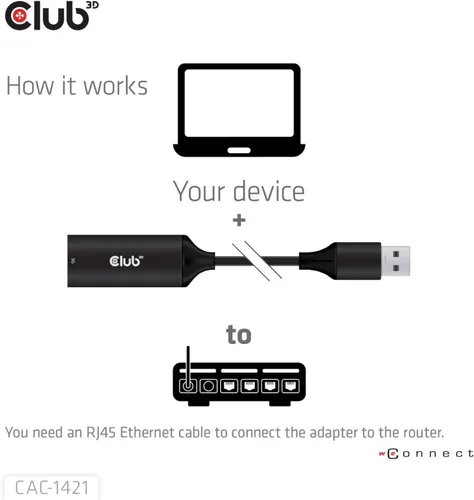 Vista 6 de Club 3D CAC-1421 USB 5Gbps Tipo-A a RJ45 Ethernet Adaptador M/F