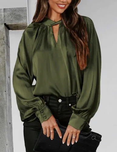 Vista 3 de LYHNMW Blusas de seda satinada para mujer, con cuello en V, manga larga, holgadas, blusas de verano, blusas casuales
