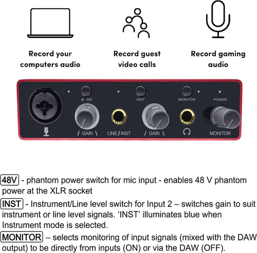 Vista 10 de Interfaz de audio USB con preamplificador de micrófono, grabadora mezcladora de audio USB con alimentación fantasma de 48 V, 24 bits, soporte