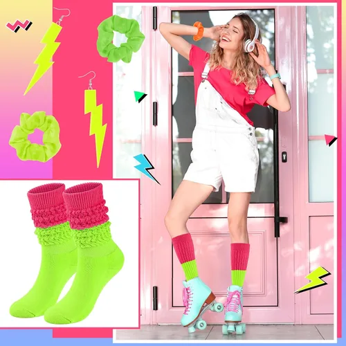 Vista 6 de Calcetines holgados de neón para mujer, calcetines altos hasta la rodilla de los años 80 y 90 con aretes de neón y coleteros para fiesta de los años