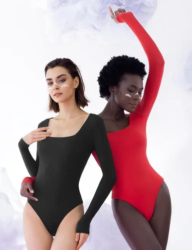 Vista 5 de PUMIEY Body sexy de manga larga con cuello cuadrado para mujer, colección Smoke Cloud