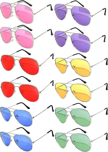 Vista 42 de OWL Paquete de 12 lentes de sol de aviador a granel de metal dorado, plateado, marco negro para hombres y mujeres, gafas de fiesta