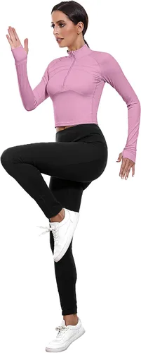 Vista 6 de Neer Paquete de 2 chaquetas de manga larga para mujer, con cremallera de 12, ombligueras de yoga, ajustadas, para correr, con agujeros para el pulgar