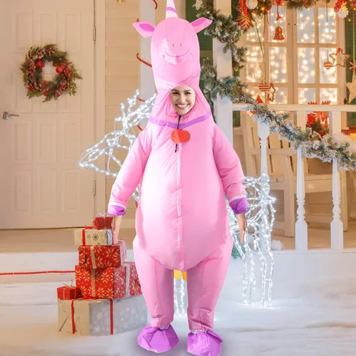 Vista 2 de Traje inflable de unicornio rosa para adultos, la mejor decoración para fiestas, reuniones, celebraciones de vacaciones, Halloween y otros