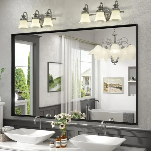 Vista 125 de Paquete de 2 espejos de baño con marco de metal negro de 22 x 30 pulgadas, espejo rectangular redondeado negro mate, antioxidante, se cuelga