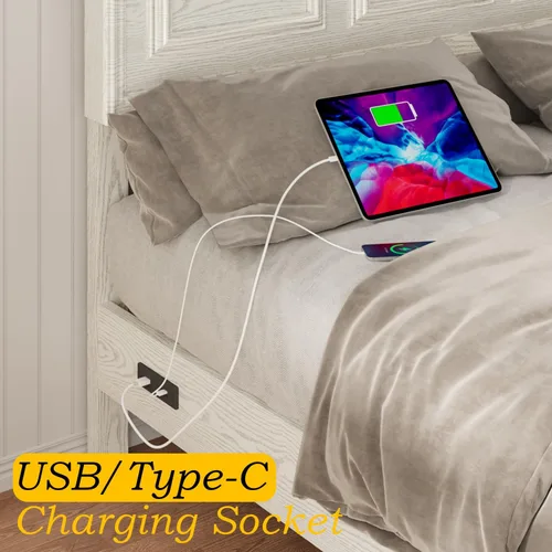 Vista 6 de Incyneva Base de cama matrimonial con cabecera ajustable en altura, marco de cama de plataforma de granja con puerto de carga y luces LED,