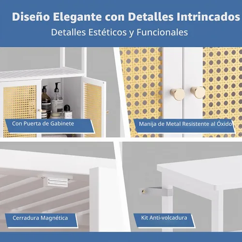 Vista 6 de HITNET Gabinete de bambú, armario de almacenamiento de ratán con puertas, armario de piso independiente para baño, sala de estar, pasillo, blanco