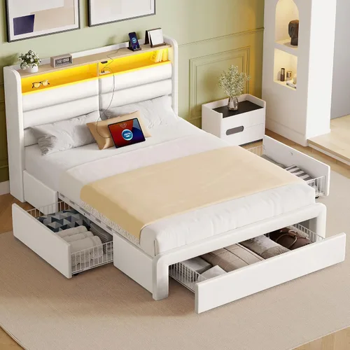 Vista 4 de Seventable Base de cama de tamaño individual con 3 cajones de almacenamiento y estación de carga, cama de plataforma tapizada con cabecera de Blanco
