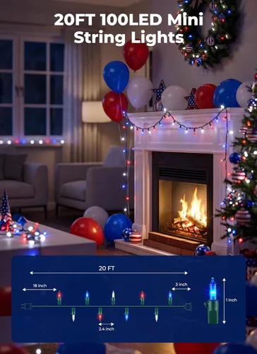 Vista 2 de Minetom Tira de luces LED de Navidad, color rojo, blanco y azul, 100 unidades, 20 pies, decoración del 4 de julio, decoración del día