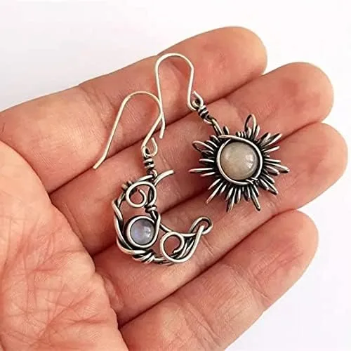 Vista 4 de COLORFUL BLING Aretes colgantes bohemios de ópalo con forma de sol y luna, piedra de luna, gancho de piedra natural, bohemios para mujeres y niñas