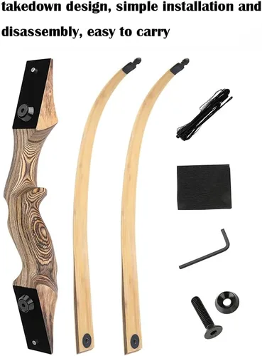 Vista 3 de Juego de arco recurvo y flecha original de 60 pulgadas Black Hunter Takedown de 20 a 60 libras, arco largo de madera tradicional RH&LH para caza